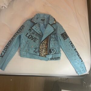 Edgy Blue Leather Jacket with Graphic Details